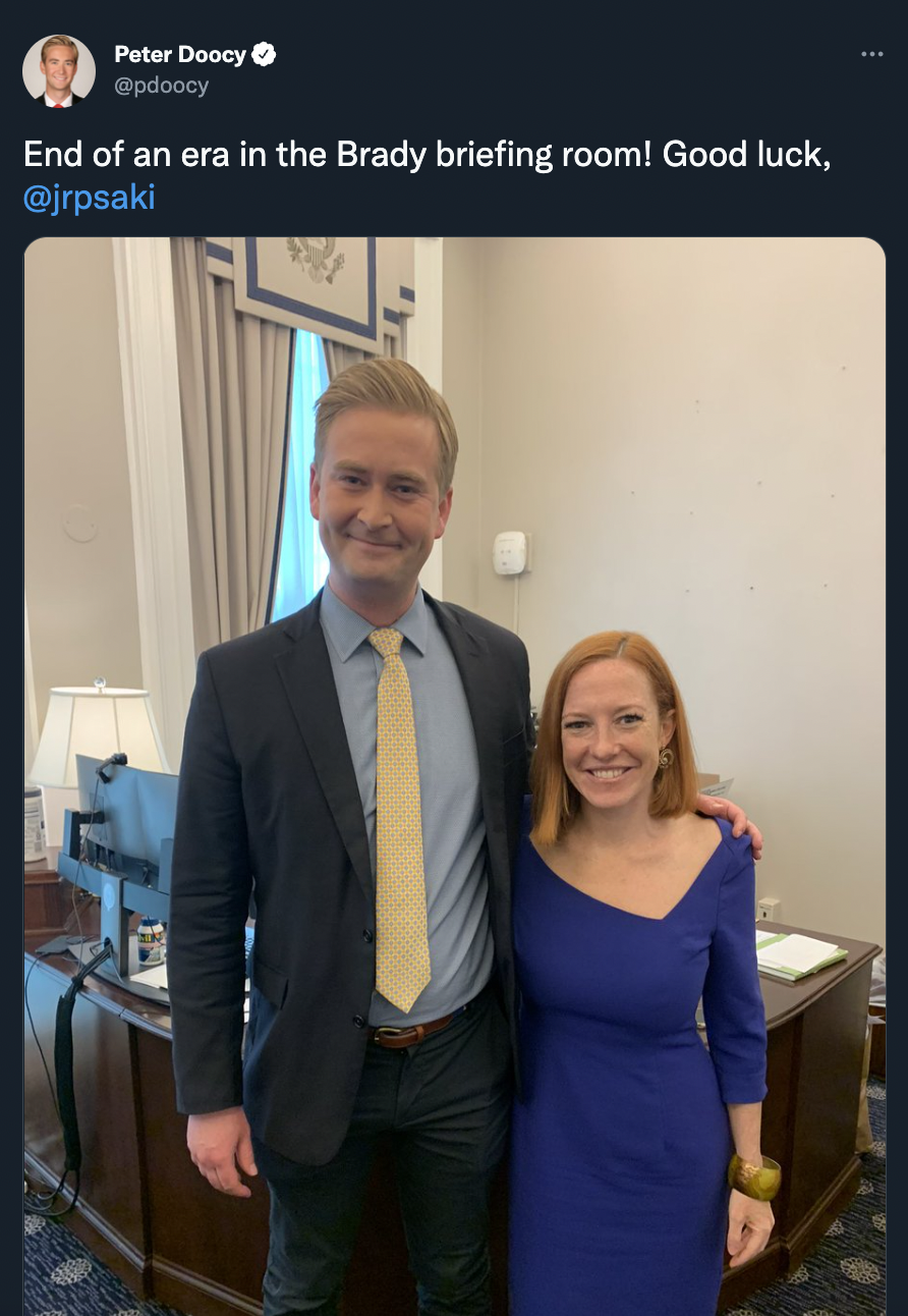 A photo of Peter Doocy and Jen Psaki is shown.